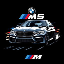 A stylish graphic design featuring a BMW M5 sports car in a dynamic pose
