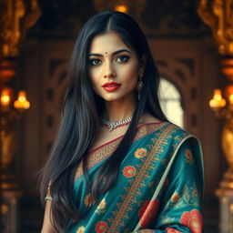 A stunning Indian woman aged 35 years with fair skin and long, flowing black hair