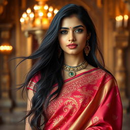 A stunning Indian woman aged 35 years with fair skin and long, flowing black hair