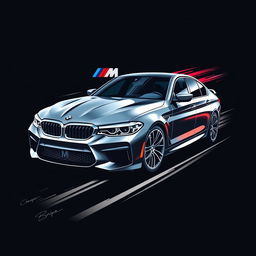 A captivating graphic design featuring a BMW M5 sports car on a black background, showcasing the car in an angled view that captures its sleek and aggressive profile