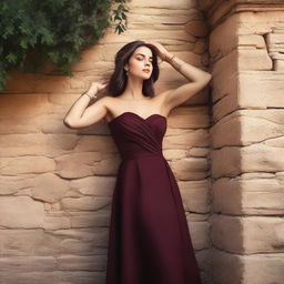 A high-quality digital art image of a woman in a burgundy off-shoulder dress leaning against a stone wall with her arms raised above her head