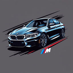 A captivating graphic design featuring a BMW M5 sports car on a black background, showcasing the car in an angled view that captures its sleek and aggressive profile