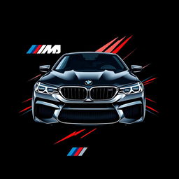 A captivating graphic design featuring a BMW M5 sports car on a black background, showcasing the car in an angled view that captures its sleek and aggressive profile