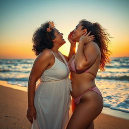 A romantic beachside scene capturing a passionate moment between a 55-year-old mature Arab woman with curly hair and her voluptuous 25-year-old girlfriend