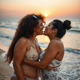A romantic beachside scene capturing a passionate moment between a 55-year-old mature Arab woman with curly hair and her voluptuous 25-year-old girlfriend