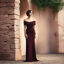 A high-quality digital art image of a woman in a burgundy off-shoulder dress leaning against a stone wall with her arms raised above her head