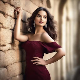 A high-quality digital art image of a woman in a burgundy off-shoulder dress leaning against a stone wall with her arms raised above her head