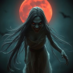 A haunting Thai ghost with long flowing hair, featuring an intimidating, vengeful face and a sinister smile