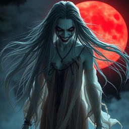 A haunting Thai ghost with long flowing hair, featuring an intimidating, vengeful face and a sinister smile