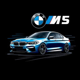 A striking t-shirt design featuring a BMW M5 sports car prominently displayed against a sleek black background