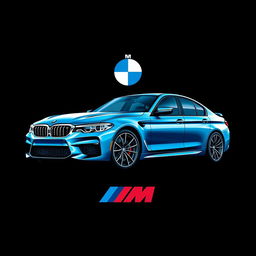 A striking t-shirt design featuring a BMW M5 sports car prominently displayed against a sleek black background