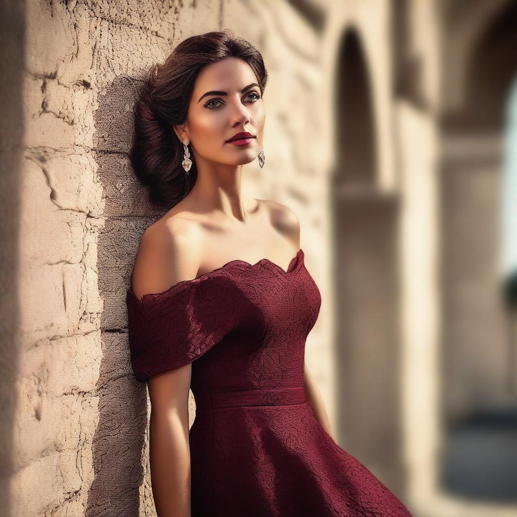 A high-quality digital art image of a woman in a burgundy off-shoulder dress leaning against a stone wall with her arms raised above her head