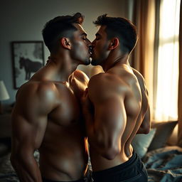 Two straight alpha males in their twenties, showcasing hunky, muscular bodies, locked in a passionate kiss inside the intimacy of their bedroom