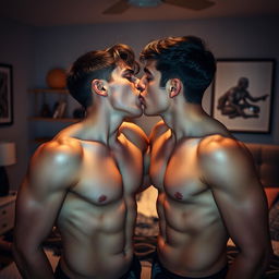 Two straight schoolmates in their twenties, both with hunky, athletic bodies, sharing a passionate kiss in the secretive setting of their bedroom