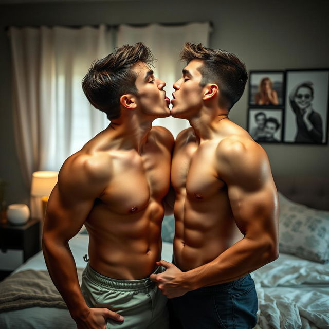 Two straight schoolmates in their twenties, both with hunky, athletic bodies, sharing a passionate kiss in the secretive setting of their bedroom