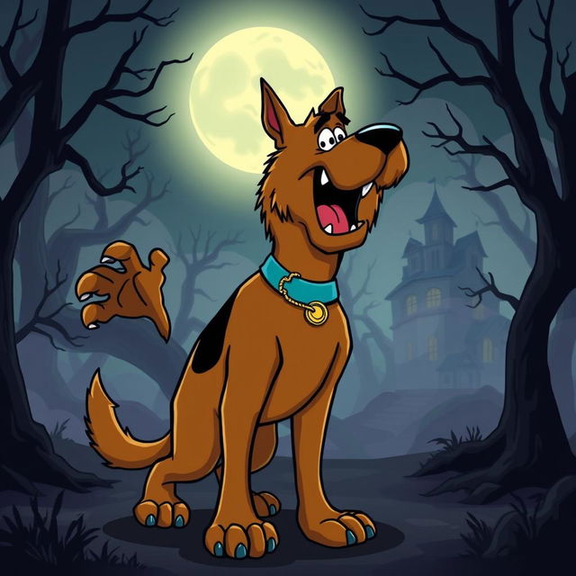 A cartoonish Scooby-Doo character transformed into a werewolf, featuring exaggerated wolf-like features such as sharp claws, fangs, and fluffy fur while still maintaining Scooby's signature colors and playful demeanor