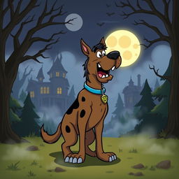 A cartoonish Scooby-Doo character transformed into a werewolf, featuring exaggerated wolf-like features such as sharp claws, fangs, and fluffy fur while still maintaining Scooby's signature colors and playful demeanor