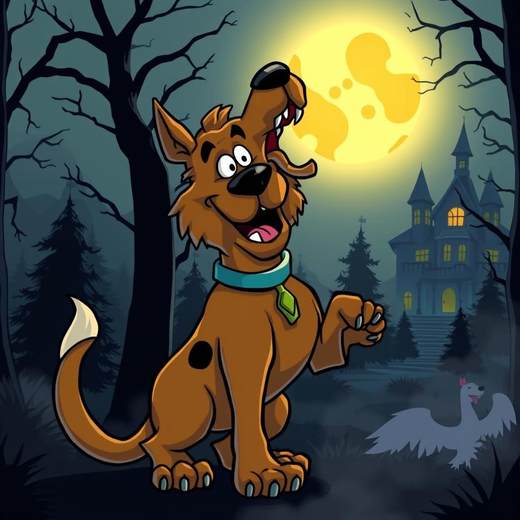 A cartoonish Scooby-Doo character transformed into a werewolf, featuring exaggerated wolf-like features such as sharp claws, fangs, and fluffy fur while still maintaining Scooby's signature colors and playful demeanor