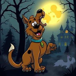 A cartoonish Scooby-Doo character transformed into a werewolf, featuring exaggerated wolf-like features such as sharp claws, fangs, and fluffy fur while still maintaining Scooby's signature colors and playful demeanor