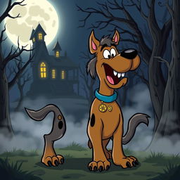 A cartoonish Scooby-Doo character transformed into a werewolf, featuring exaggerated wolf-like features such as sharp claws, fangs, and fluffy fur while still maintaining Scooby's signature colors and playful demeanor