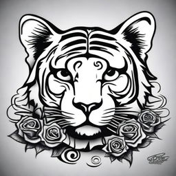 This is a high-quality, digital art of a simple, black and white tattoo design that combines the iconic imagery of the Grateful Dead with a stylized side view of a tiger with its mouth closed