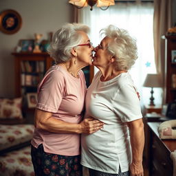 Two fit-bodied grandmothers in their golden years, sharing a passionate kiss in the secret of their cozy bedroom