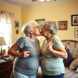Two fit-bodied grandmothers in their golden years, sharing a passionate kiss in the secret of their cozy bedroom