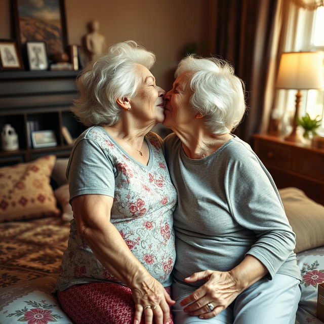 Two fit-bodied grandmothers in their golden years, sharing a passionate kiss in the secret of their cozy bedroom