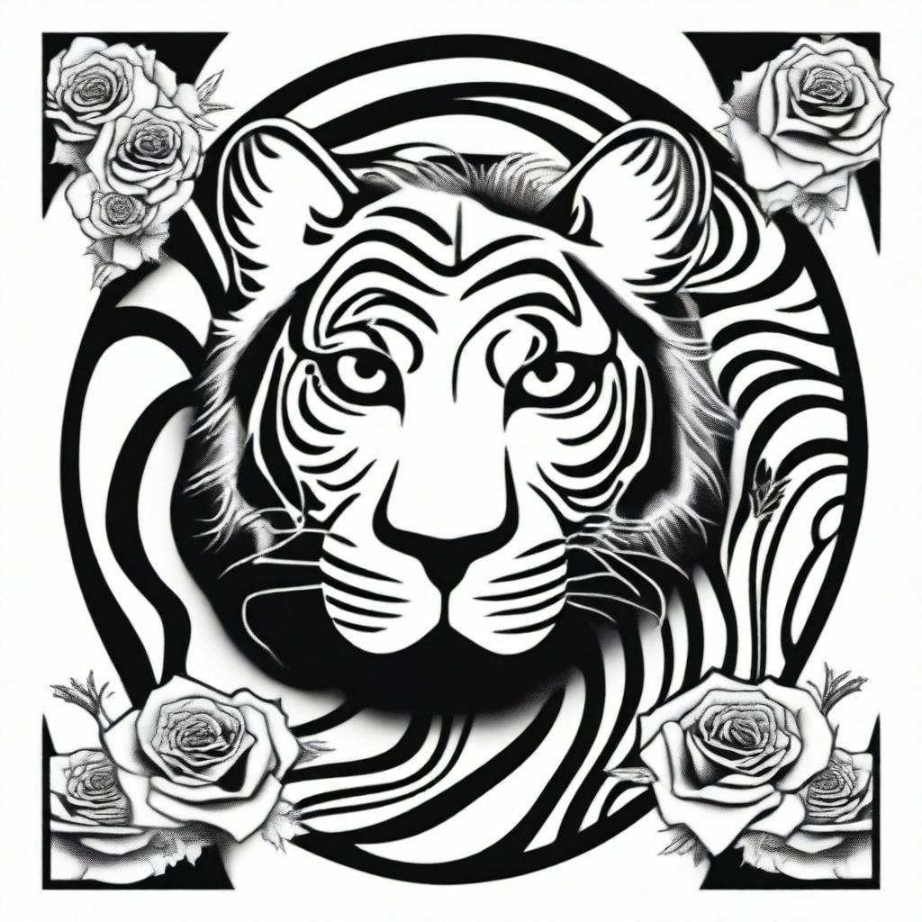 This is a high-quality, digital art of a simple, black and white tattoo design that combines the iconic imagery of the Grateful Dead with a stylized side view of a tiger with its mouth closed