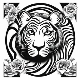 This is a high-quality, digital art of a simple, black and white tattoo design that combines the iconic imagery of the Grateful Dead with a stylized side view of a tiger with its mouth closed