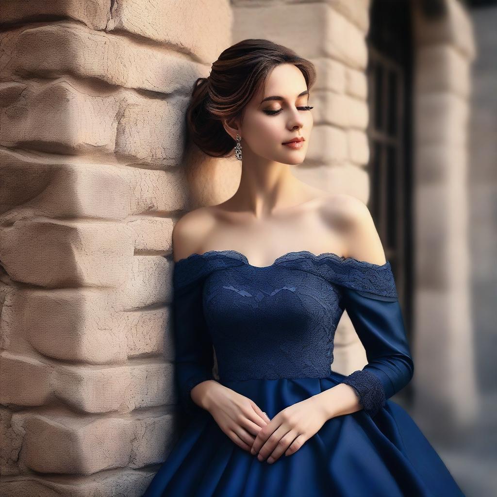 A high-quality digital art image of a woman in a midnight blue off-shoulder gown leaning against a stone wall with her arms extended high above her head