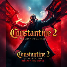 A captivating movie poster for 'Constantine 2: Return From Hell (2025)', prominently featuring a powerful supernatural scene where Constantine battles a fearsome demon
