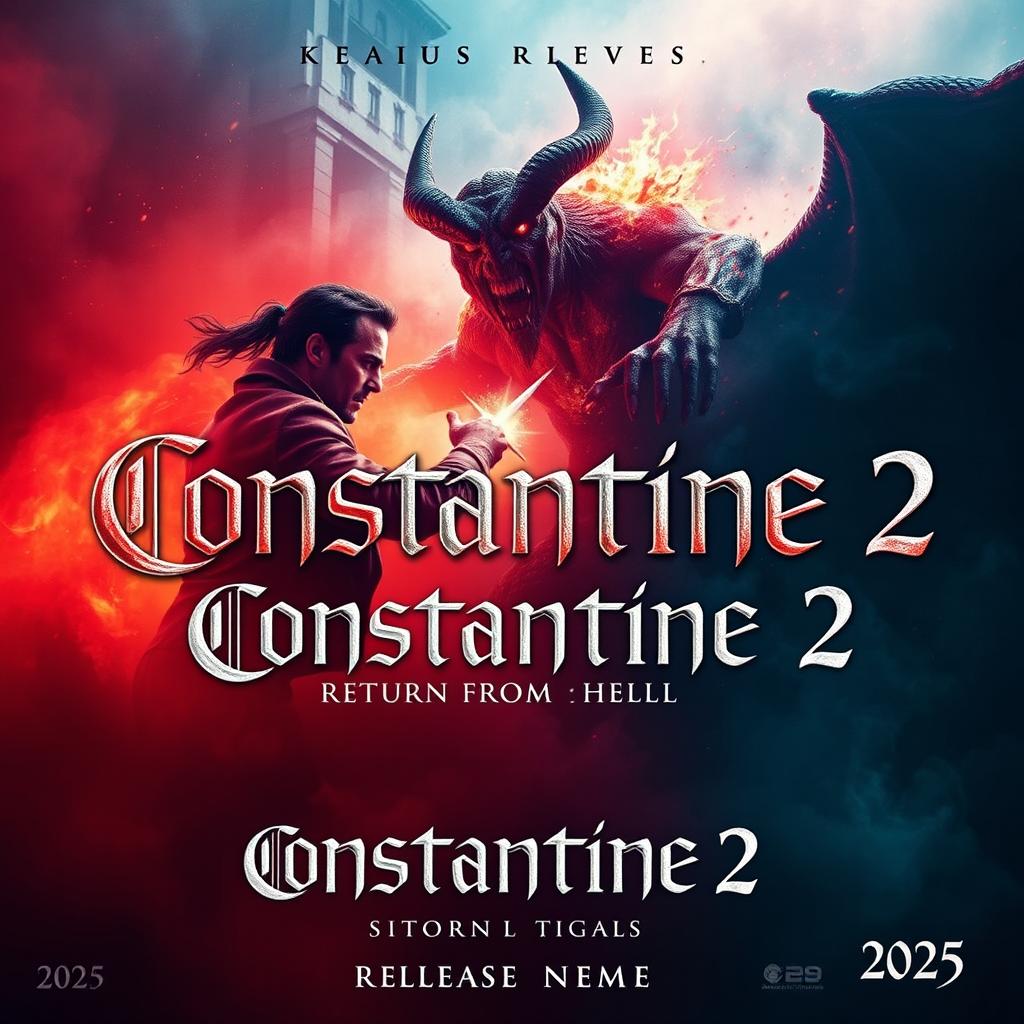 A captivating movie poster for 'Constantine 2: Return From Hell (2025)', prominently featuring a powerful supernatural scene where Constantine battles a fearsome demon