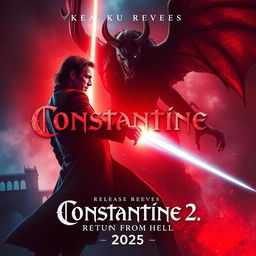 A captivating movie poster for 'Constantine 2: Return From Hell (2025)', prominently featuring a powerful supernatural scene where Constantine battles a fearsome demon