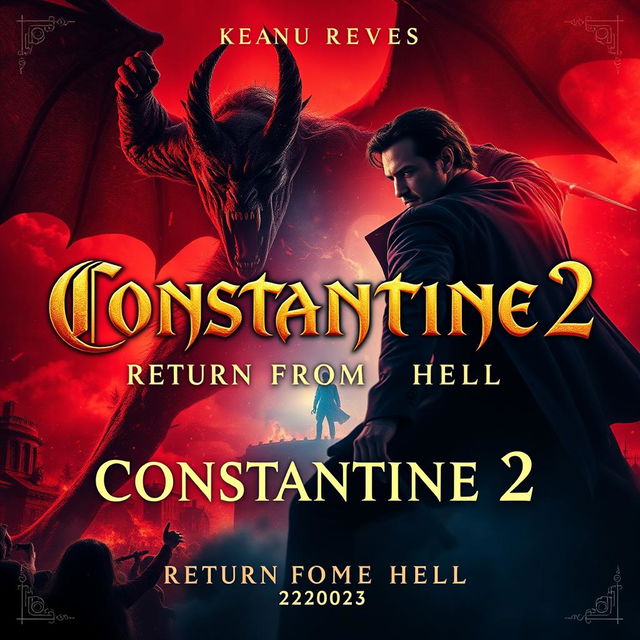 A captivating movie poster for 'Constantine 2: Return From Hell (2025)', prominently featuring a powerful supernatural scene where Constantine battles a fearsome demon