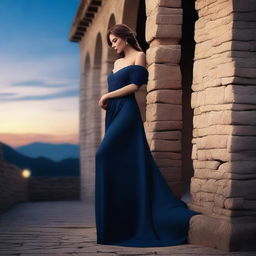 A high-quality digital art image of a woman in a midnight blue off-shoulder gown leaning against a stone wall with her arms extended high above her head