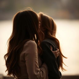 Two women, one with brown hair seen from behind, are passionately kissing in a romantic setting