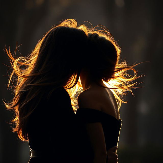 Two women, one with brown hair seen from behind, are passionately kissing in a romantic setting