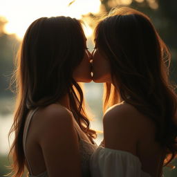 Two women, one with brown hair seen from behind, are passionately kissing in a romantic setting