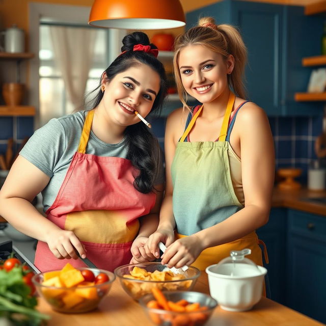 A chubby girl and an athletic girl together in a vibrant kitchen, preparing lunch while wearing colorful kitchen aprons