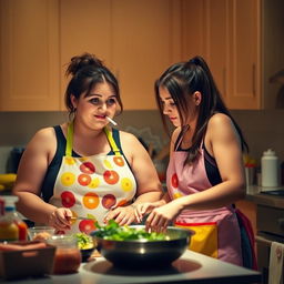 A chubby girl and an athletic girl together in a vibrant kitchen, preparing lunch while wearing colorful kitchen aprons