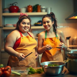 A chubby girl and an athletic girl together in a vibrant kitchen, preparing lunch while wearing colorful kitchen aprons