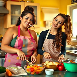 A chubby girl and an athletic girl together in a vibrant kitchen, preparing lunch while wearing colorful kitchen aprons