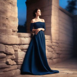 A high-quality digital art image of a woman in a midnight blue off-shoulder gown leaning against a stone wall with her arms extended high above her head