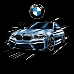 A modern t-shirt design featuring a BMW M5 sports car on a black background