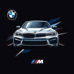 A modern t-shirt design featuring a BMW M5 sports car on a black background