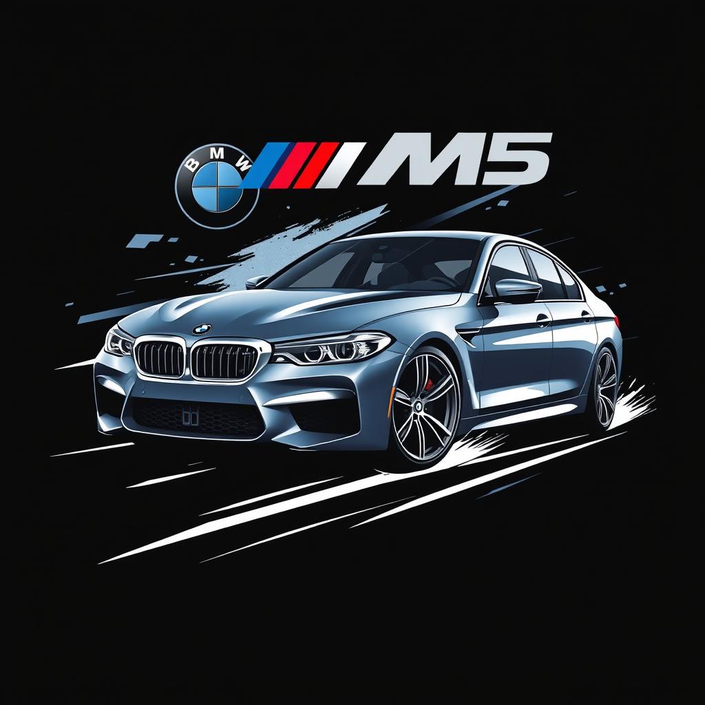 A modern t-shirt design featuring a BMW M5 sports car on a black background