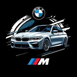 A modern t-shirt design featuring a BMW M5 sports car on a black background