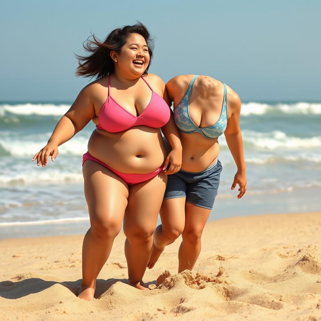 A vibrant scene at the beachside featuring a chubby Asian girl and her athletic friend enjoying a fun day in the sun