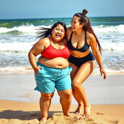 A vibrant scene at the beachside featuring a chubby Asian girl and her athletic friend enjoying a fun day in the sun